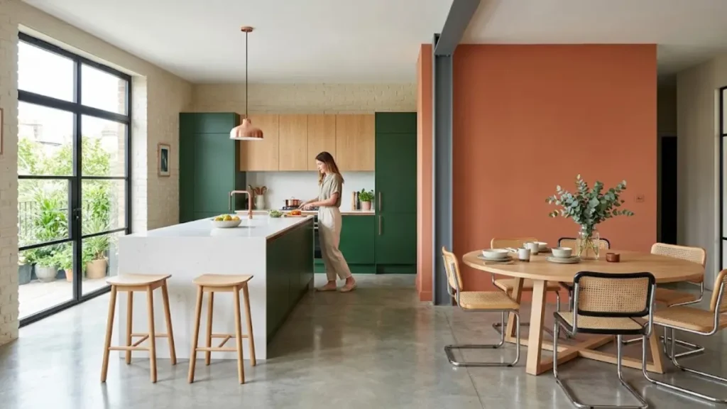 Cozinha e sala de jantar modernas integradas com parede de destaque terracota e ilha verde.