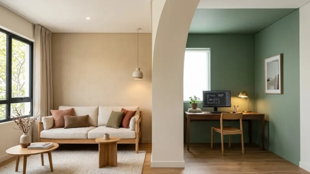 Transição de cores entre sala de estar bege e home office verde sálvia através de um arco.