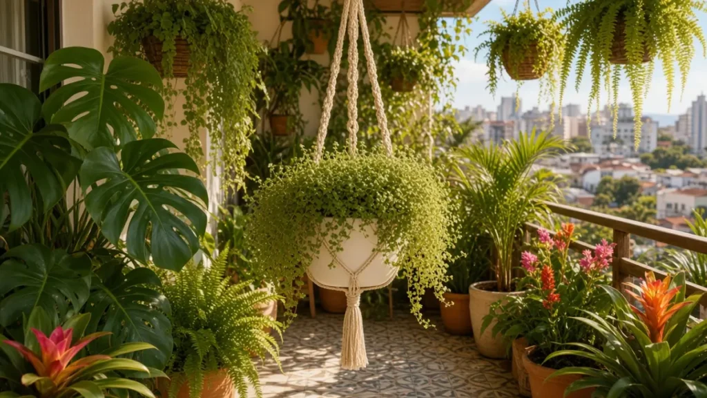 Planta pendente:Barba-de-Moises em vaso branco suspensa por macramê natural em varanda brasileira ensolarada, cercada por plantas tropicais como monstera, samambaias e bromélias, com vista para a cidade ao fundo.