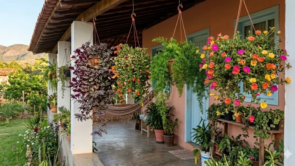 • Varanda coberta de uma casa de campo brasileira simples com várias plantas pedendentes.