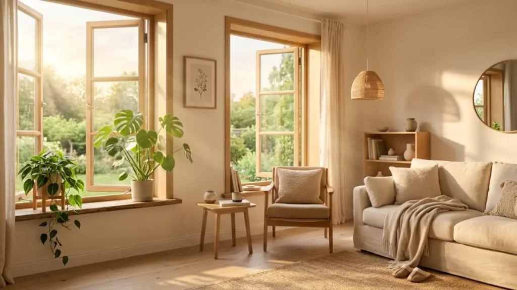 Sala de estar minimalista e iluminada pela luz solar da manhã, com grandes janelas de madeira abertas, plantas verdes como Monstera e sofá de linho claro.