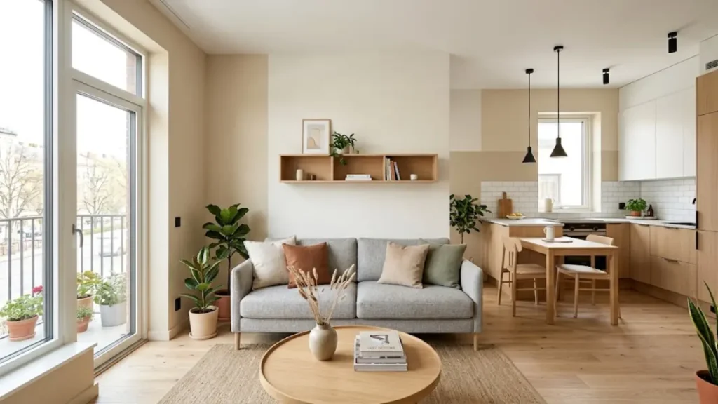 Sala de apartamento compacto com paredes em tom areia claro e integração com a cozinha.