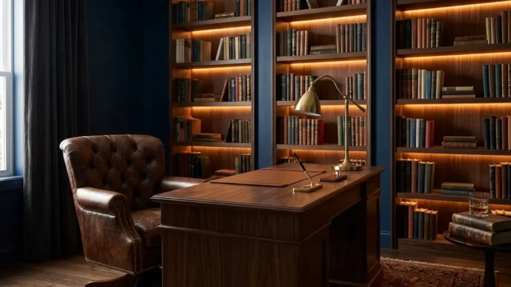Home office sofisticado com paredes pintadas em azul-marinho, mesa de madeira escura e iluminação quente.