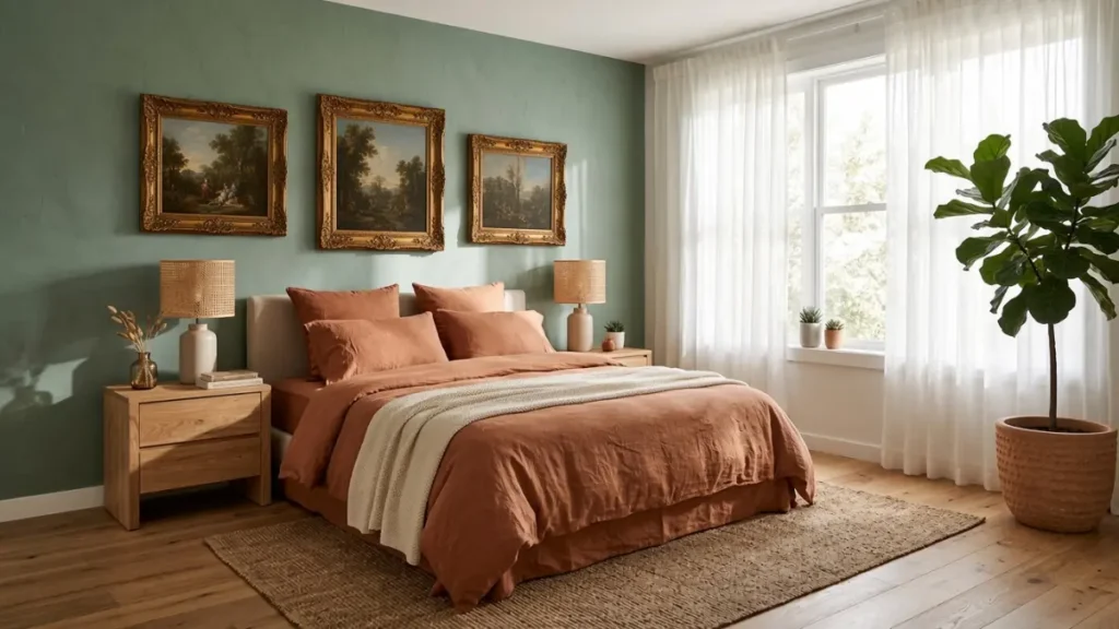 Quarto de casal elegante com parede de destaque em verde-sálvia e roupa de cama em tom terracota.