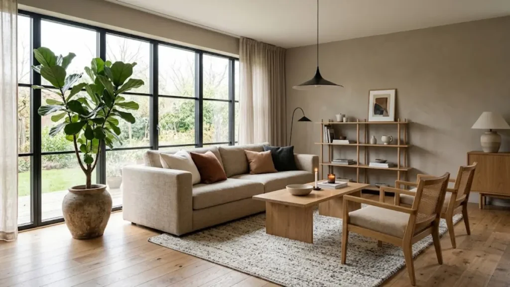 Sala de estar moderna decorada com paredes na cor greige, iluminação natural, sofá bege e plantas.