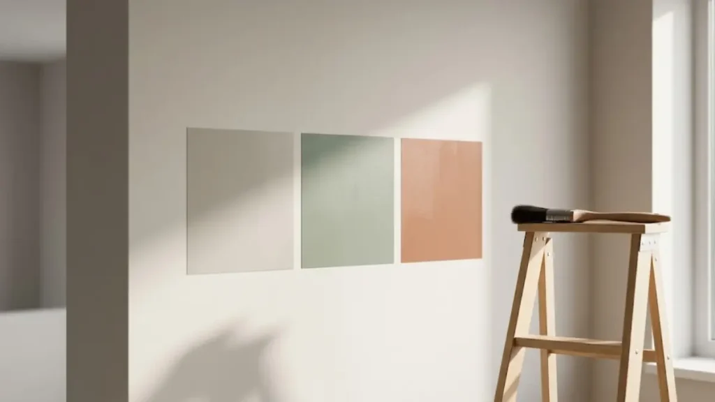 Parede com três amostras de teste de cores de tinta em quadrados sob a luz do sol.