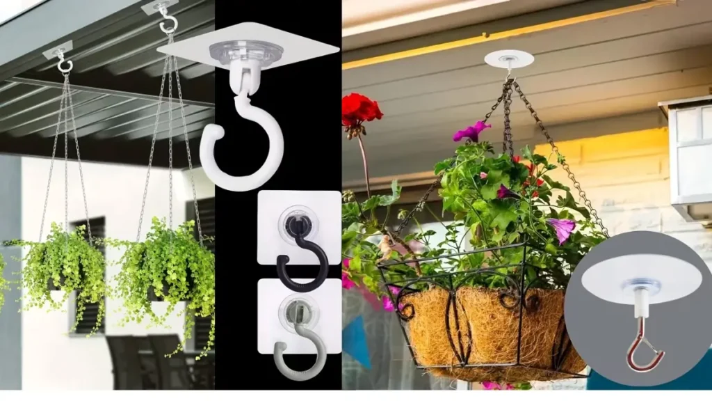 Foco em gancho adesivo transparente colado em parede branca segurando um suporte de macramê com vaso de planta.