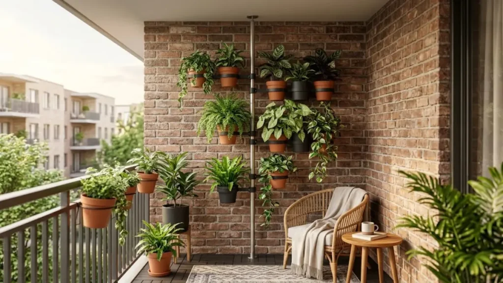 Varanda coberta com parede de tijolos aparentes e suporte vertical de pressão segurando diversos vasos de plantas.