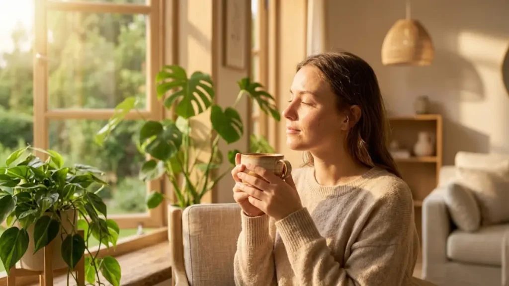 Mulher sentada perto da janela ensolarada segurando uma caneca de cerâmica, desfrutando da luz dourada da manhã em um ambiente aconchegante.