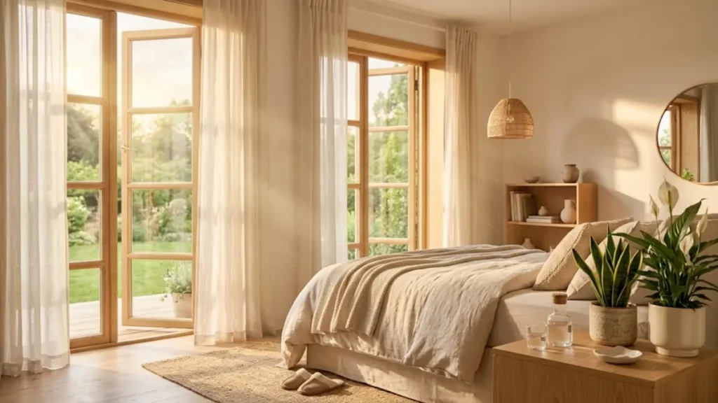 Varanda de apartamento iluminada pelo sol da manhã, com uma parede verde de jardim vertical com samambaias e jiboias, mesa dobrável de madeira com livro e copo d'água.