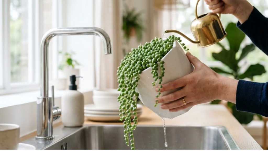 Pessoa regando um vaso geométrico branco com planta colar-de-pérolas usando regador dourado sobre a pia da cozinha.