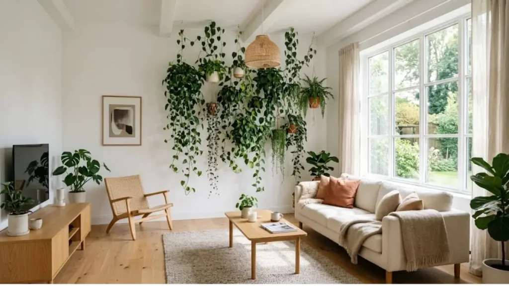 Sala de estar luminosa e minimalista com sofá claro, móveis de madeira e uma parede repleta de plantas pendentes suspensas no teto.