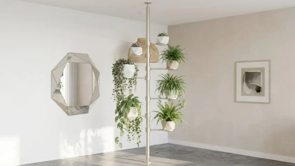 Coluna de pressão metálica do piso ao teto com hastes ajustáveis segurando vasos de plantas em várias alturas.