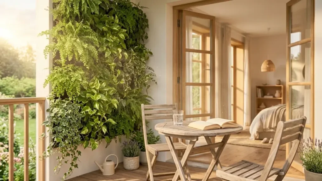 Varanda de apartamento iluminada pelo sol da manhã, com uma parede verde de jardim vertical com samambaias e jiboias, mesa dobrável de madeira com livro e copo d'água.