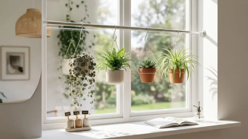 Varão ajustável de pressão instalado no teto de uma janela, segurando quatro vasos de plantas por ganchos em S.
