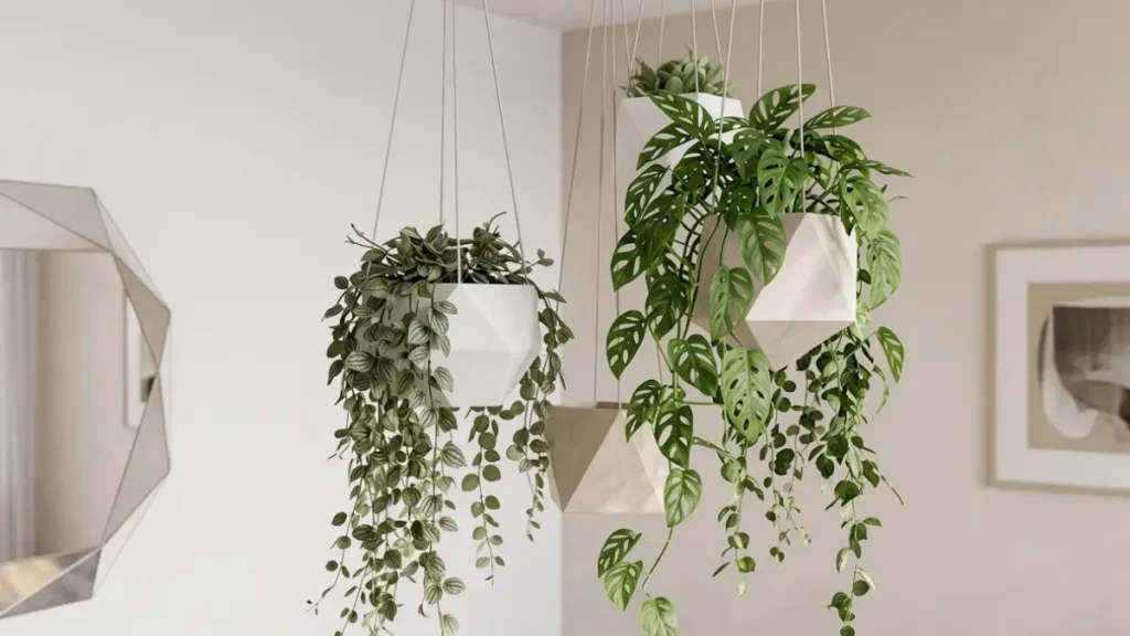 Vasos pendentes em formato geométrico bege com folhagens cascateantes suspensas no canto da sala.